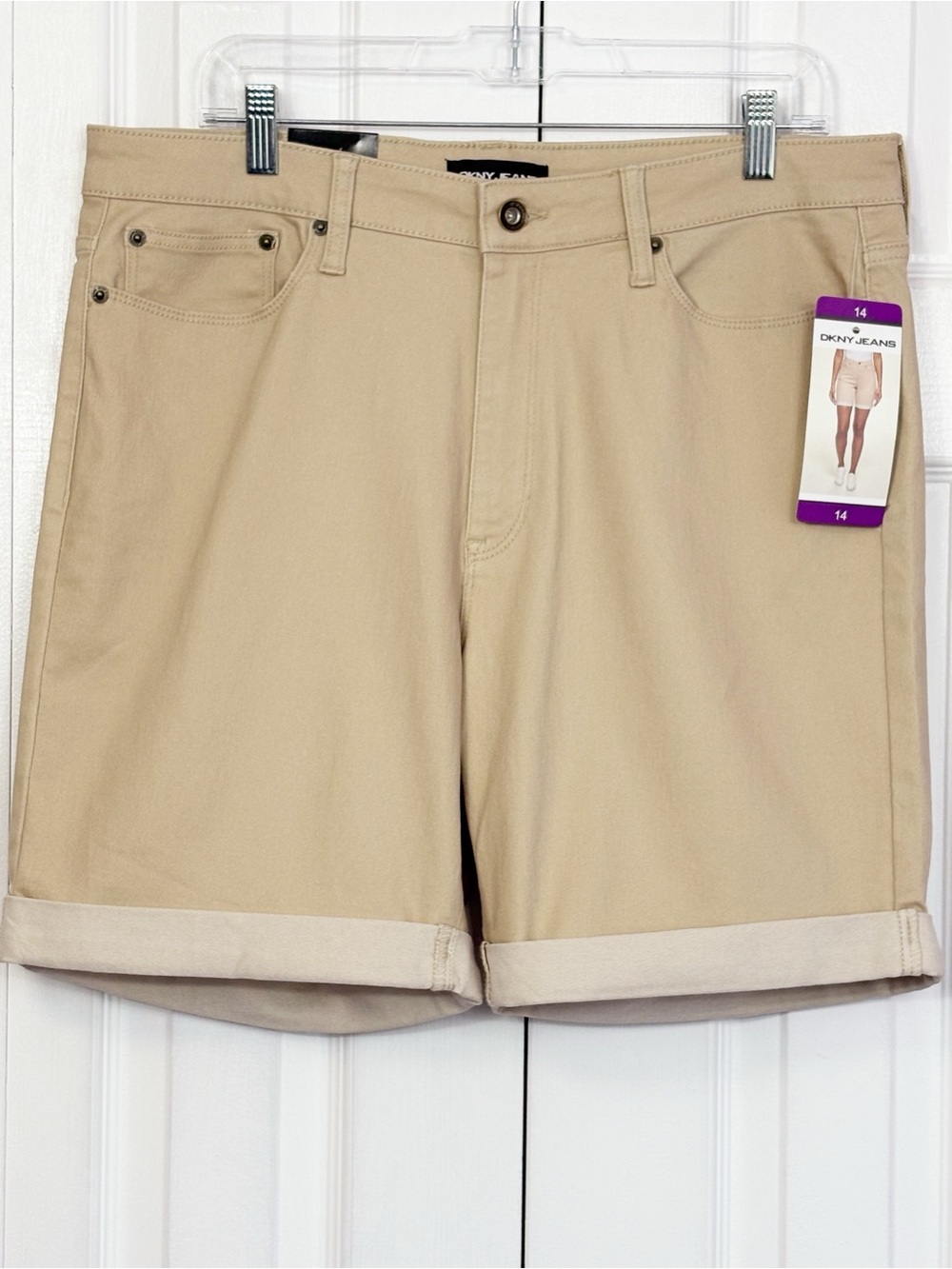NWT DKNY Jeans Light Khaki Chino High Rise Rolled Cuff Bermuda Shorts 14